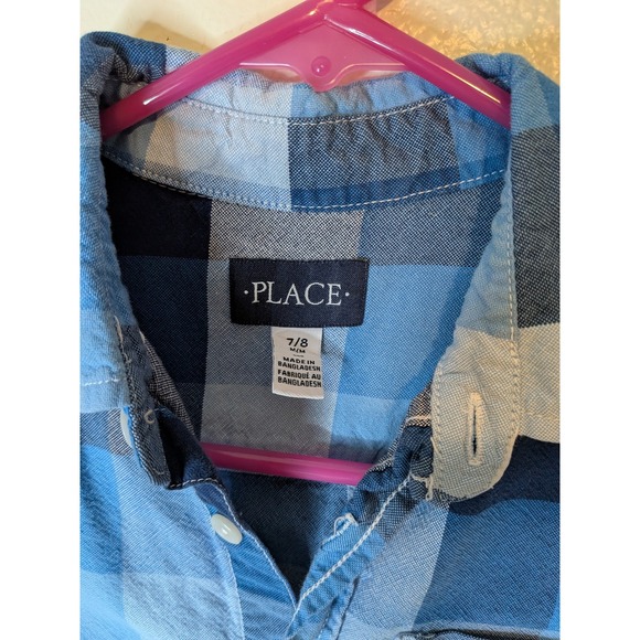The Place Boys Plaid Button Down Shirt Long Sleeve Blue White Size 7/8 - Picture 2 of 3